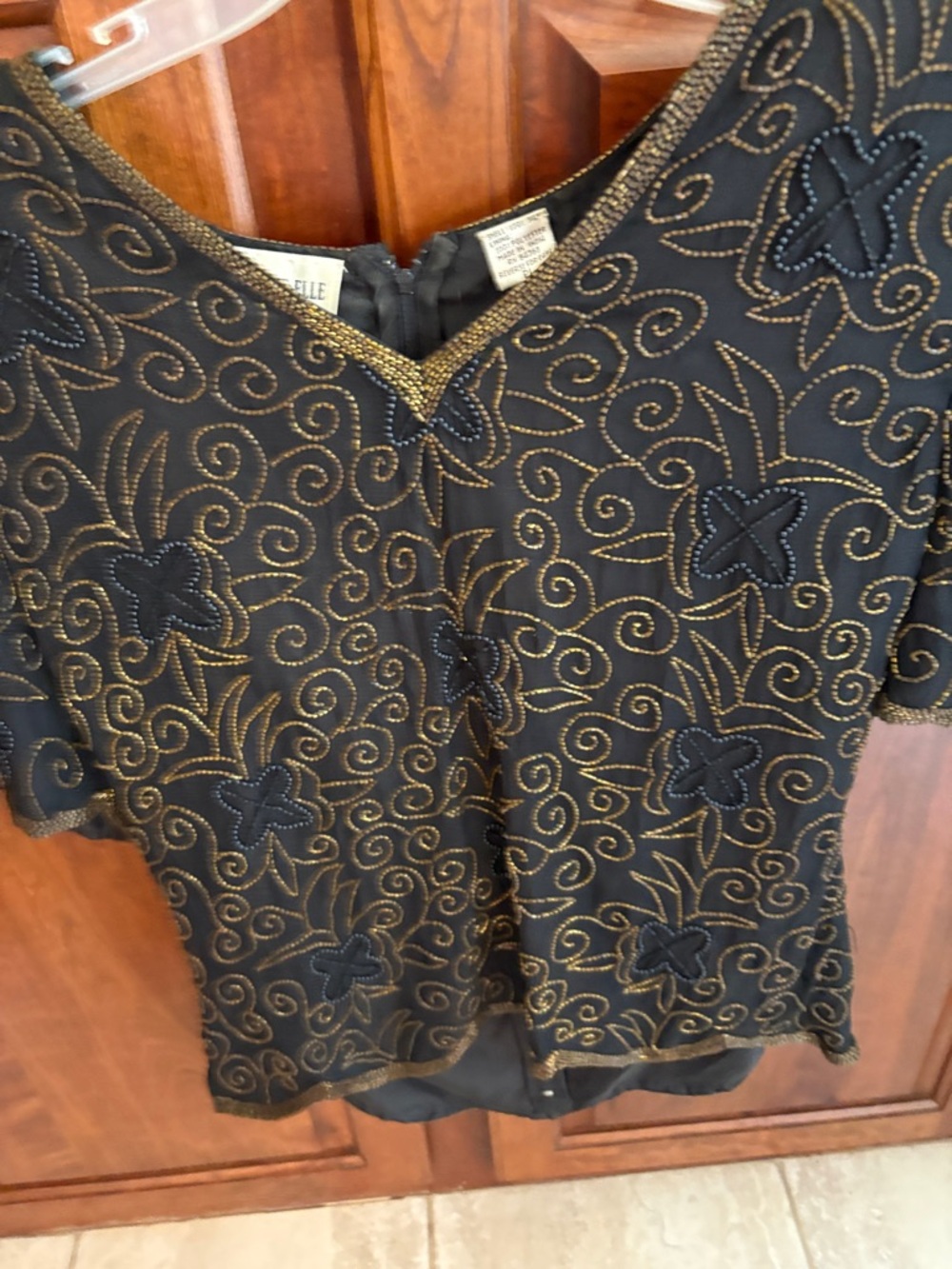 Black & Gold Embroidered V-Neck Women's Blouse